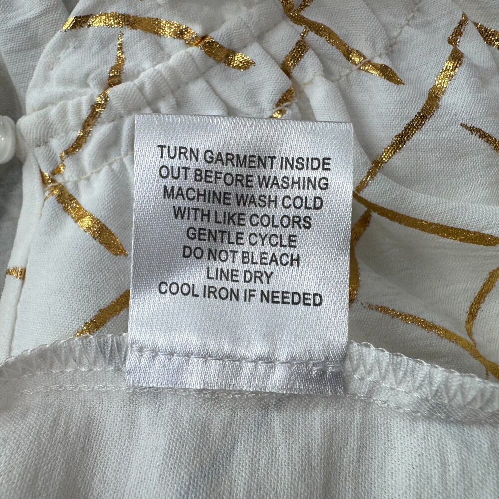 Como Black Ladies Sz S Blouse White Gold Print ruched round neck keyhole - Picture 7 of 7